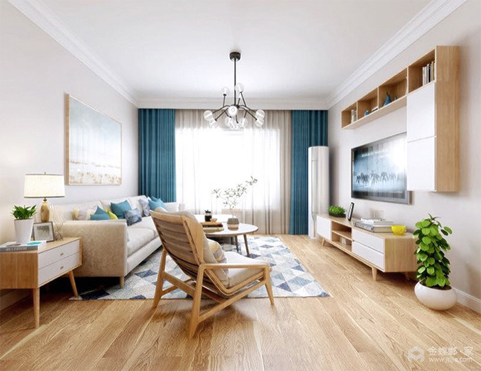 米色布艺沙发坐感舒适,搭配原木色地板,浅灰色墙面,空间色调深浅有秩