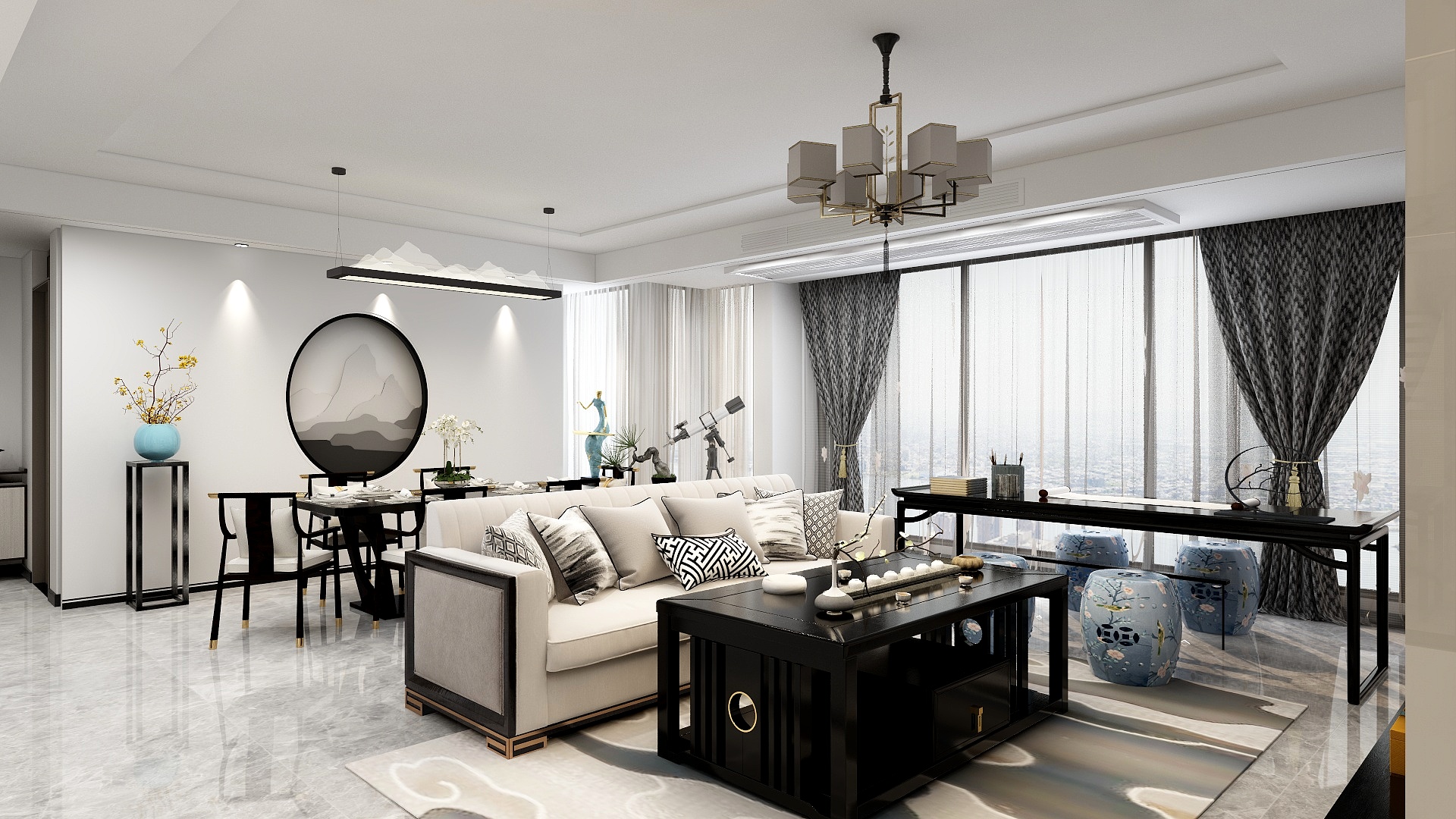 【3D全景】极致黑白点缀天使蓝，简约新中式带来的古韵今风全景图封面图