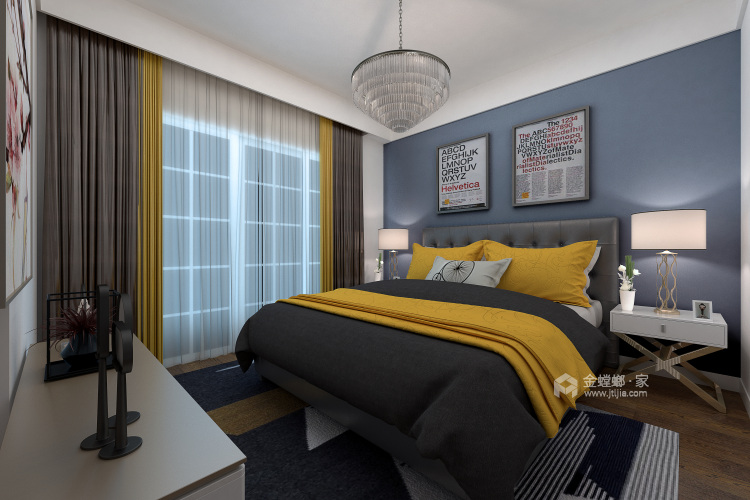 黄+蓝，简约不简单的北欧风-卧室效果图及设计说明