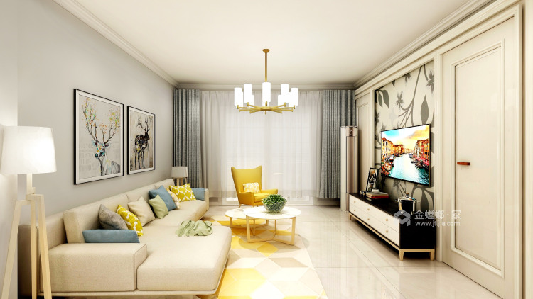 浅灰色白欧风，小清新三居室-客厅效果图及设计说明
