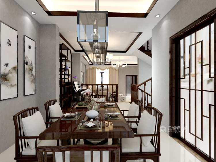 温馨宁静的新中式风别墅-餐厅效果图及设计说明