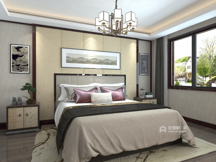 温馨宁静的新中式风别墅-卧室效果图及设计说明