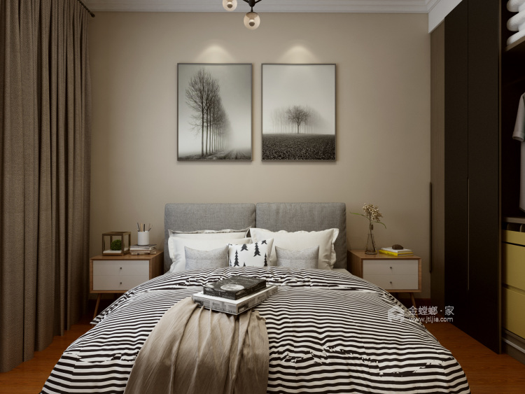 黑白灰之间一抹跳跃的黄色，衬托出丰富多元的空间情感-卧室效果图及设计说明