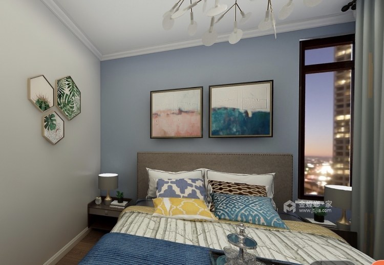 白色与蓝色的搭配，清新温暖北欧风-卧室效果图及设计说明