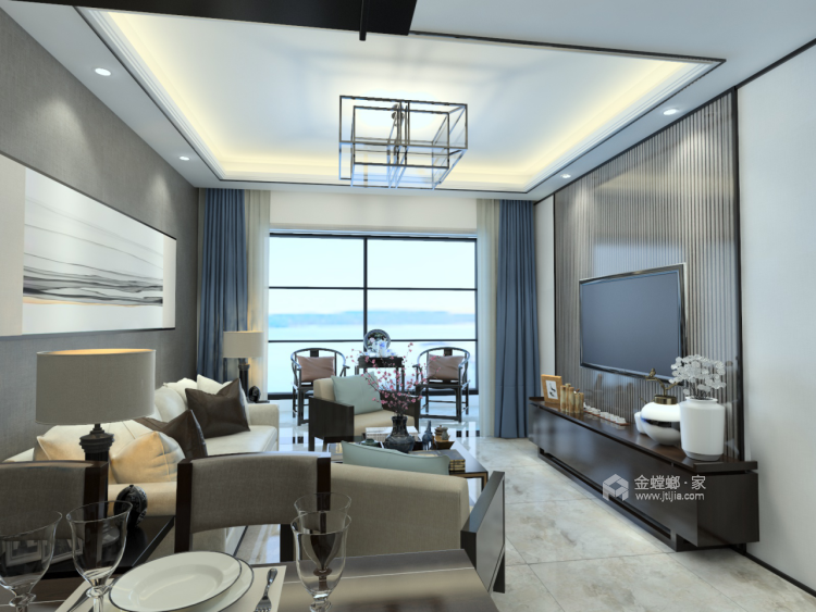 唐风古韵素空新中式，简洁质感-客厅效果图及设计说明