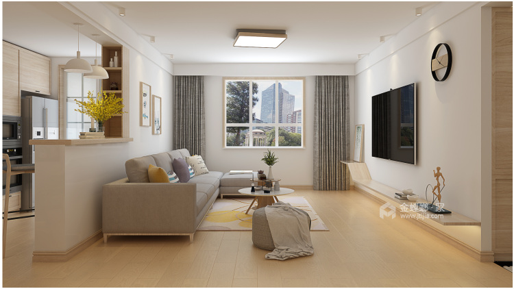 米白蓝灰打造140平温馨舒适日式风格-客厅效果图及设计说明