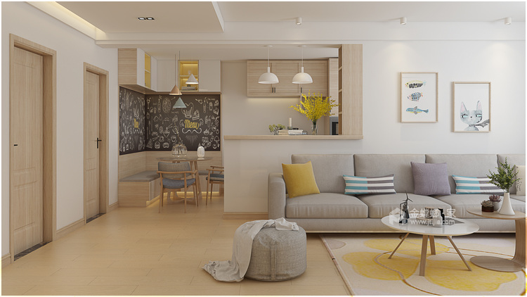 米白蓝灰打造140平温馨舒适日式风格-客厅效果图及设计说明
