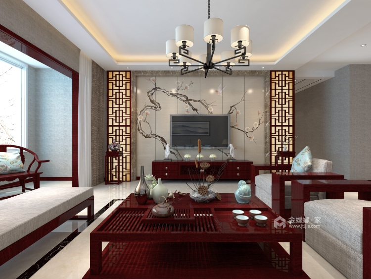 159平新中式，米黄搭配红木成就东方雅韵-客厅效果图及设计说明