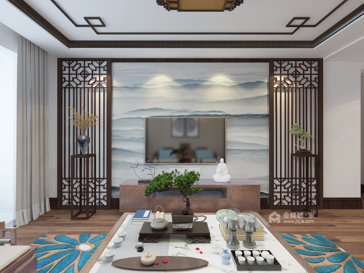 新中式风格装修探索独特的中国美-客厅效果图及设计说明