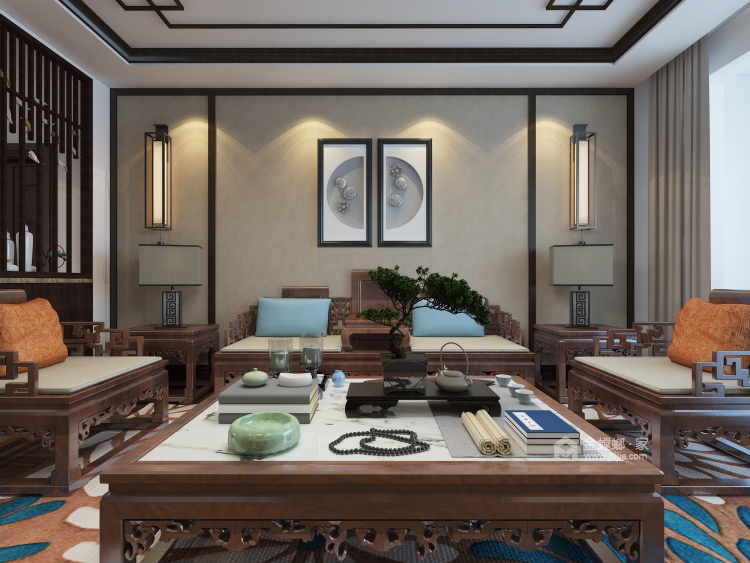 新中式风格装修探索独特的中国美-客厅效果图及设计说明