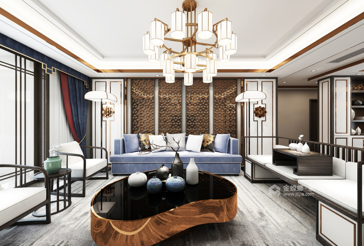 130平新中式风品味时尚、古典、优雅居住空间-客厅效果图及设计说明
