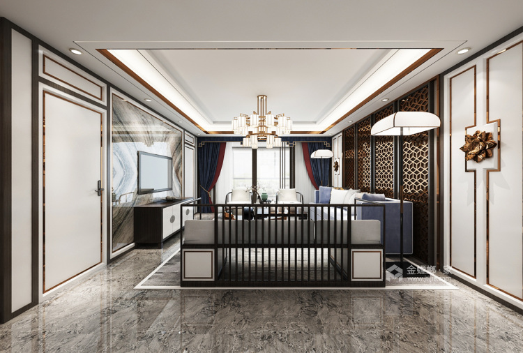 130平新中式风品味时尚、古典、优雅居住空间-客厅效果图及设计说明