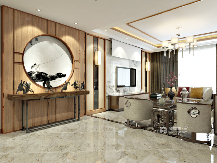 144平新中式风格住宅聆听一首青花瓷-客厅效果图及设计说明