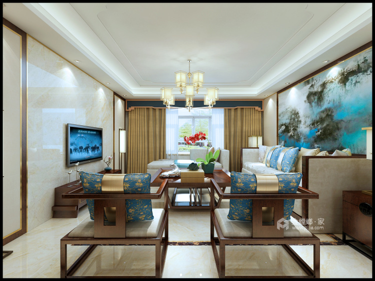 183平咖色新中式风格，古典情调-客厅效果图及设计说明