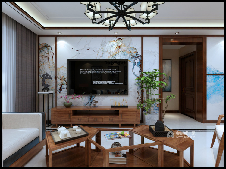 素雅时尚灵动的新中式-客厅效果图及设计说明
