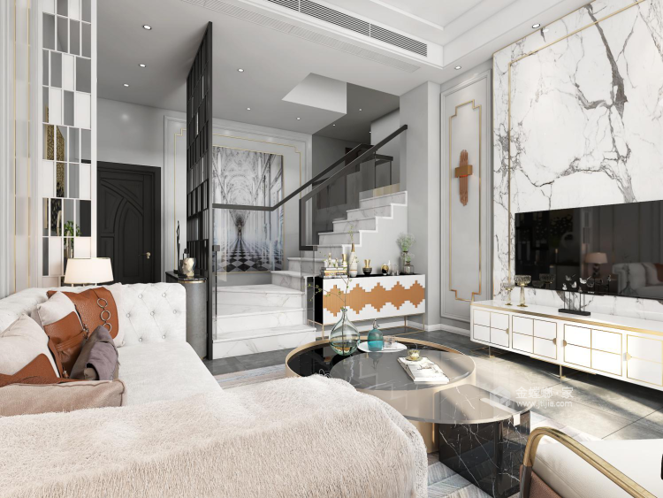白+浅灰色，打造极具时尚的现代空间-客厅效果图及设计说明