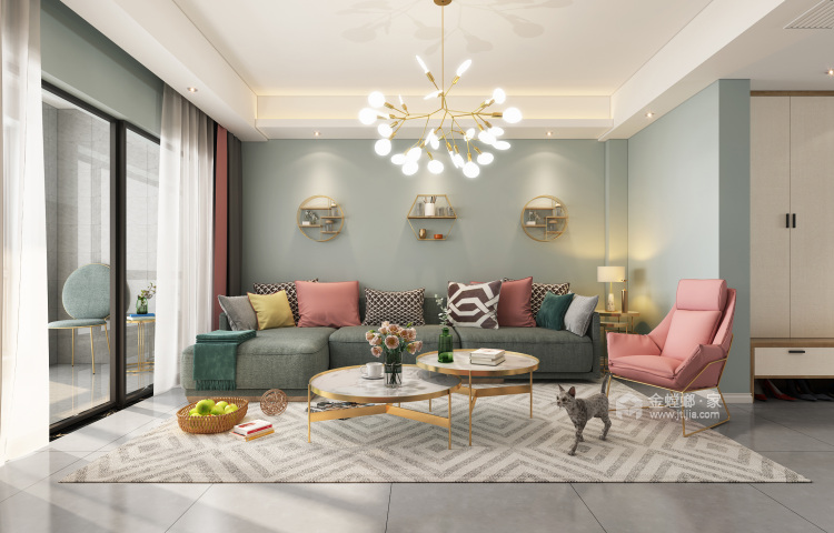 粉白绿：进阶版莫兰迪色系-客厅效果图及设计说明