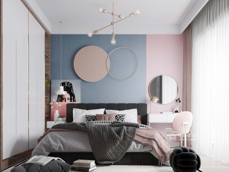 蓝色系+白粉色，这个小家很动人-卧室效果图及设计说明