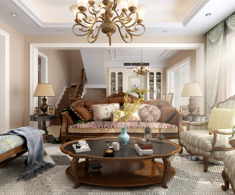 木色线条+暖色调，温暖舒适的美式-客厅效果图及设计说明