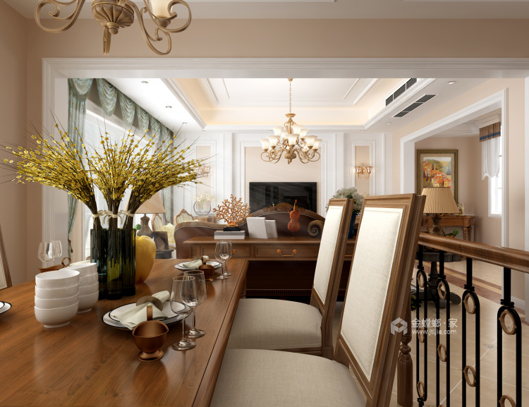 木色线条+暖色调，温暖舒适的美式-餐厅效果图及设计说明