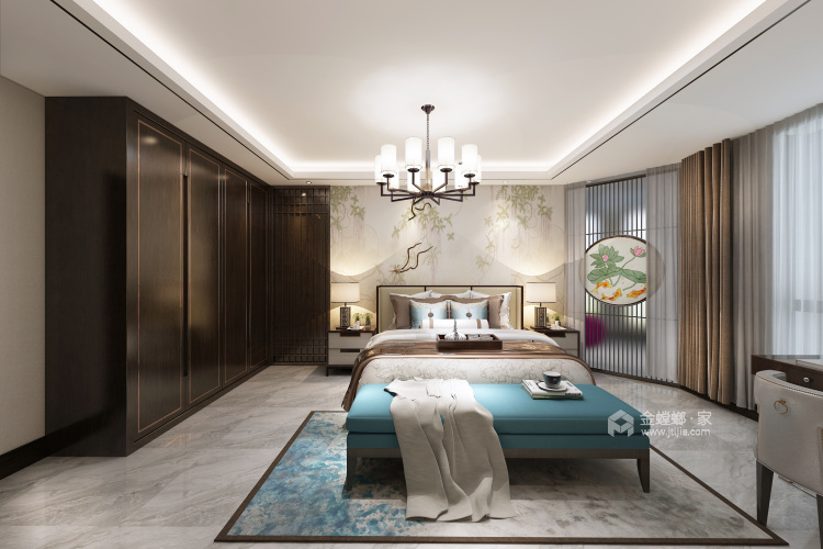 新中式前卫 色彩碰撞出的家恰如孔雀开屏般的美-卧室效果图及设计说明