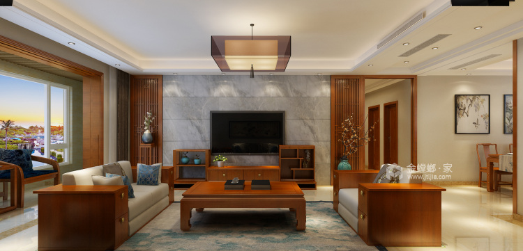 古典与现代完美结合的新中式-客厅效果图及设计说明