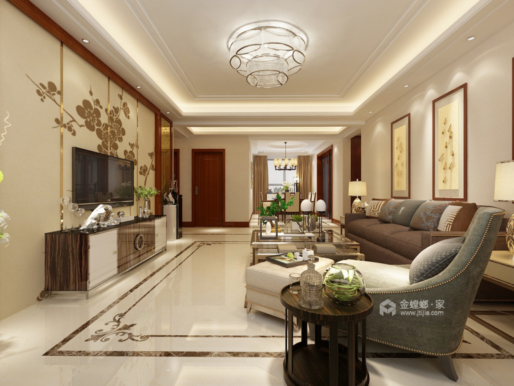 红樱桃木色主打的新中式-客厅效果图及设计说明