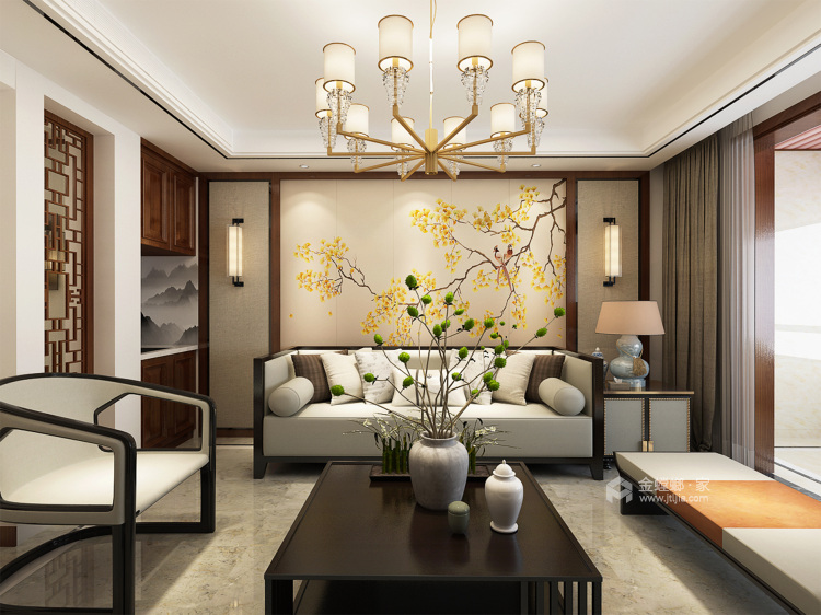 优雅质朴的新中式-客厅效果图及设计说明