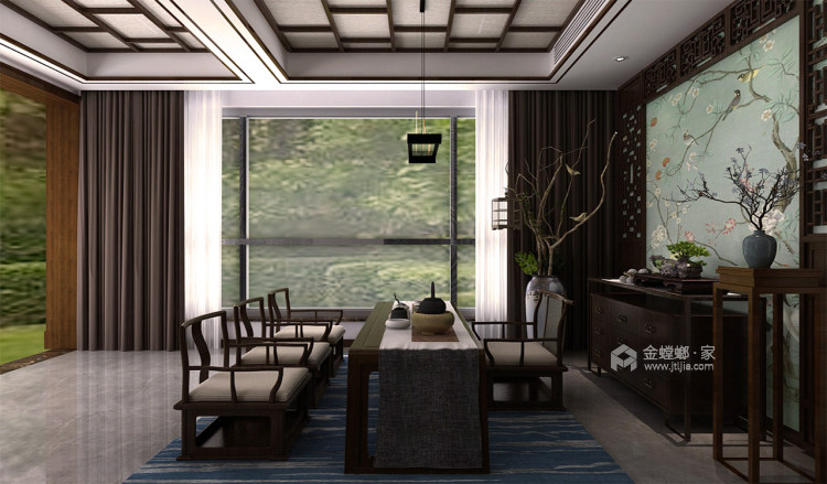 看看没有传统沙发新中式的家-客厅效果图及设计说明