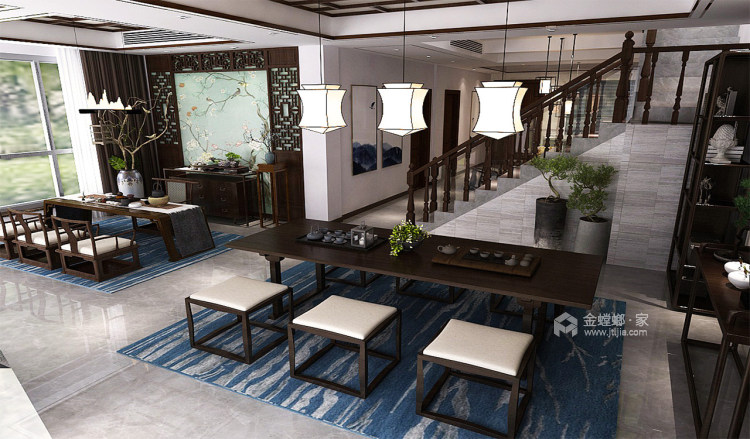 看看没有传统沙发新中式的家-客厅效果图及设计说明