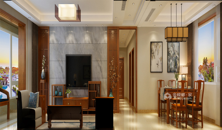古典与现代完美结合的新中式-客厅效果图及设计说明