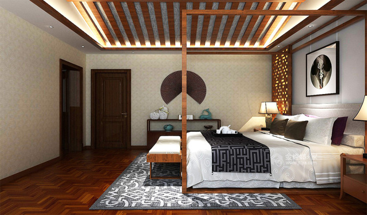 看看没有传统沙发新中式的家-卧室效果图及设计说明