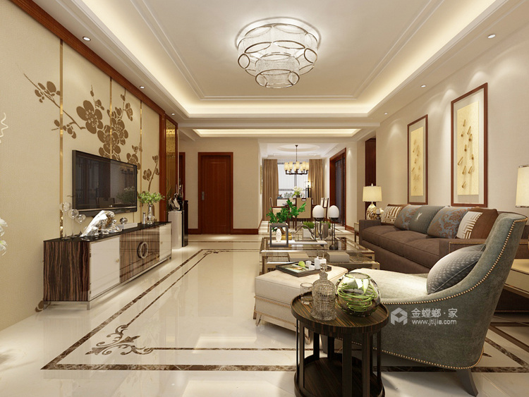 红樱桃木色主打的新中式-客厅效果图及设计说明