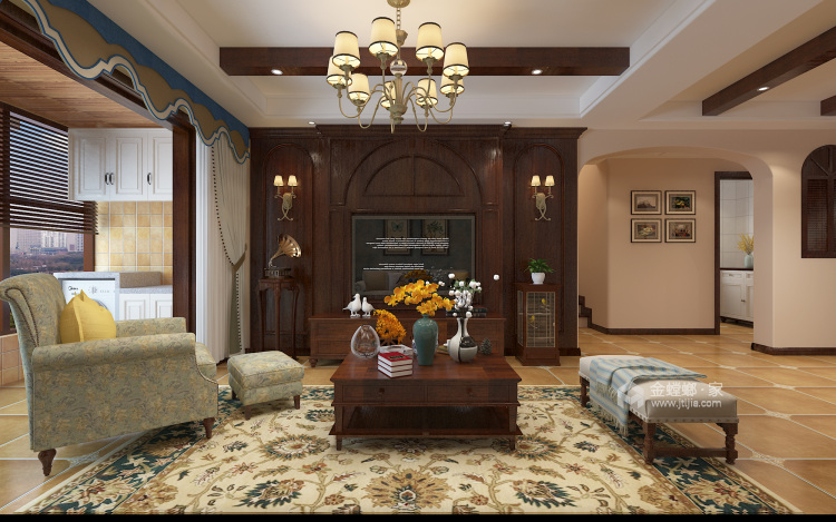 复古怀旧又轻松休闲的美式-客厅效果图及设计说明