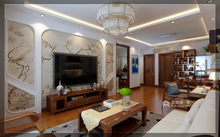 古典淡雅，98平精致新中式-客厅效果图及设计说明