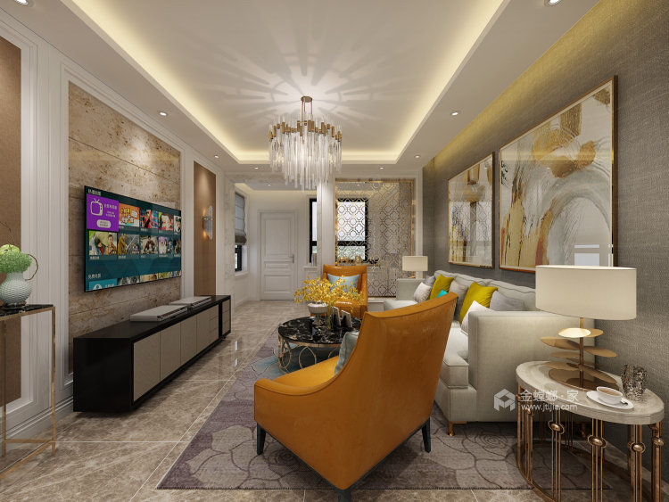 明黄和靛蓝的和谐搭配-客厅效果图及设计说明