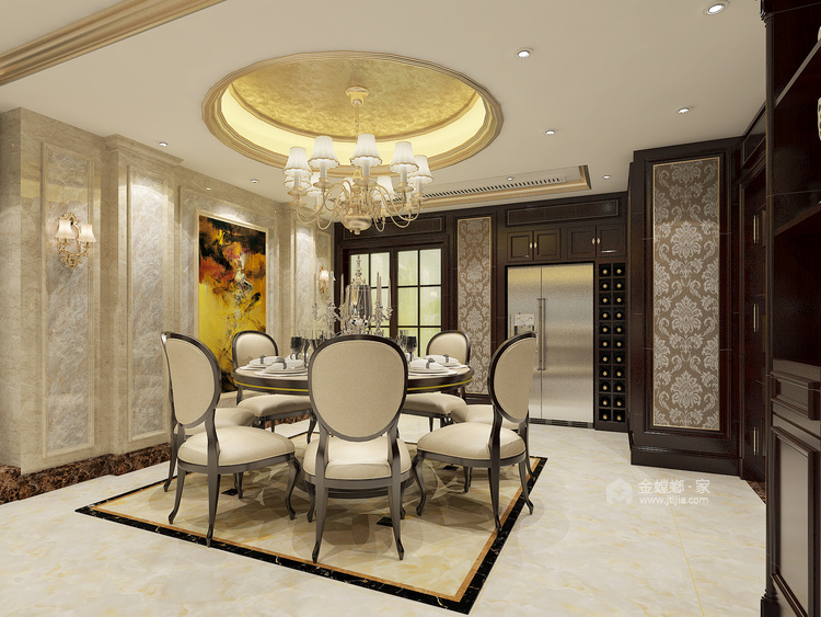 香槟金的运用，打造220平奢华大气美式风-餐厅效果图及设计说明