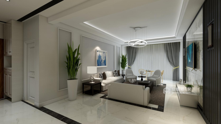 白色铺陈新中式风格，传统与时尚兼顾-客厅效果图及设计说明