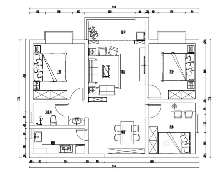 117平清新撞色北欧三室-平面设计图及设计说明