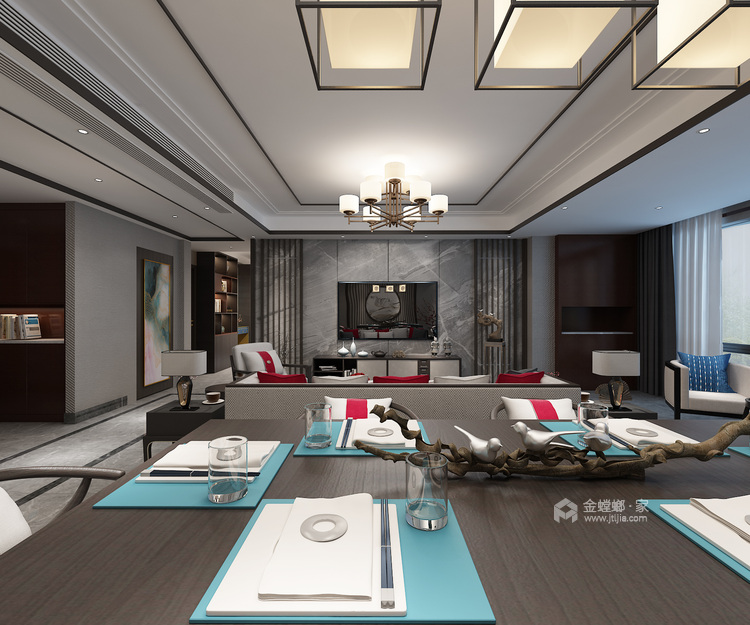 170平质感四室 沉稳木色显中式魅力-客厅效果图及设计说明