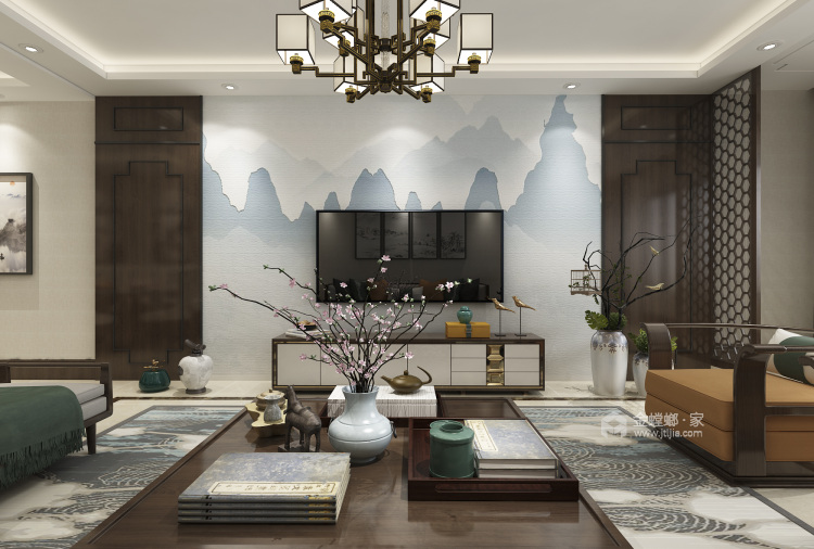 新中式三居室 各背景异曲同工之妙-客厅效果图及设计说明