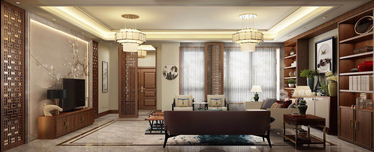 新中式别墅 稳重舒适不失时尚-客厅效果图及设计说明