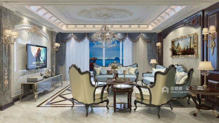 220平大气美式风格，简洁优雅-客厅效果图及设计说明