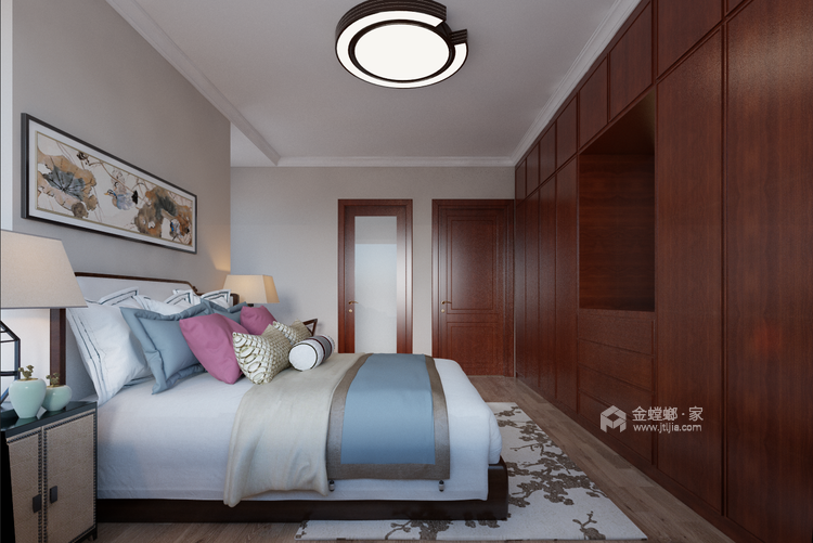 红樱桃木色打造150平沉稳雅致新中式风格-卧室效果图及设计说明