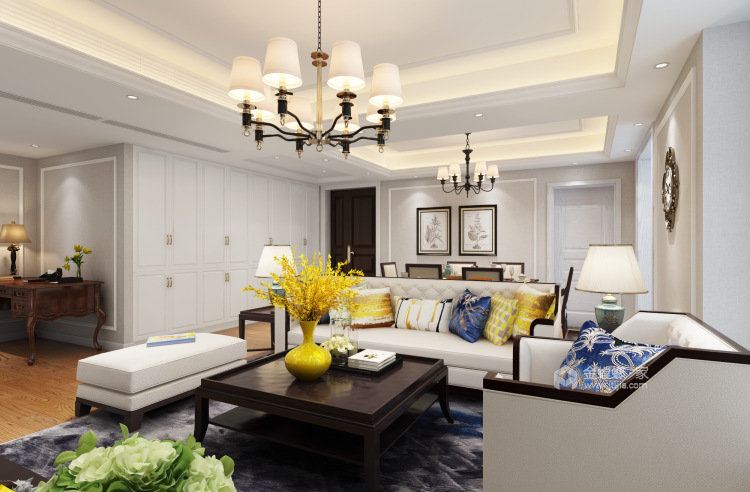 米黄色简约美式风，体现高级品质感-客厅效果图及设计说明