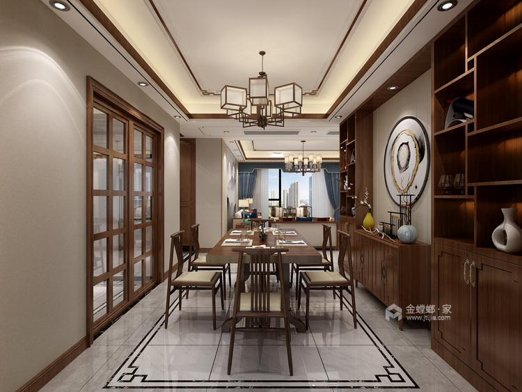 胡桃色遇上新中式，打造156平生活美学-餐厅效果图及设计说明