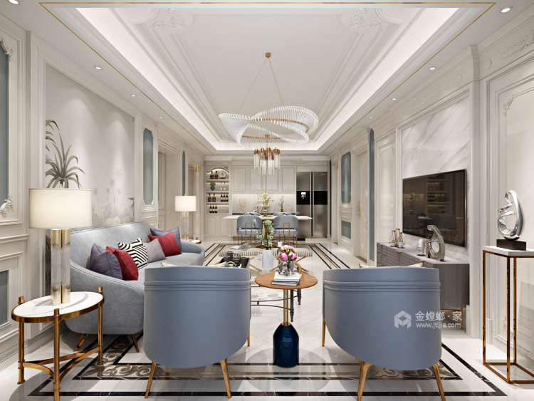 124平轻奢质感欧式风格，演绎浪漫法式优雅-客厅效果图及设计说明