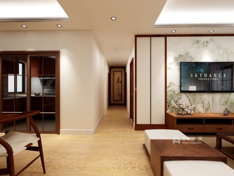 素雅的色调搭配木饰的新中式-客厅效果图及设计说明
