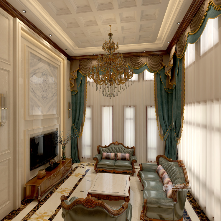 198㎡美式别墅，颜值开挂-客厅效果图及设计说明