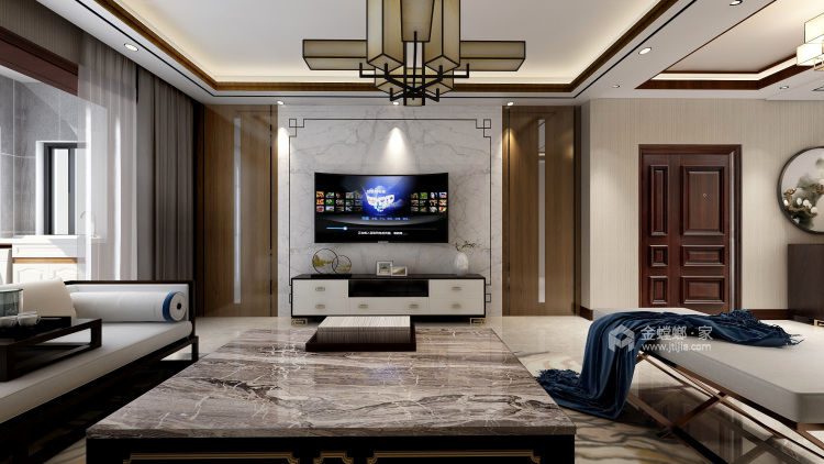 黑胡桃木色为主调的沉稳大气新中式-客厅效果图及设计说明